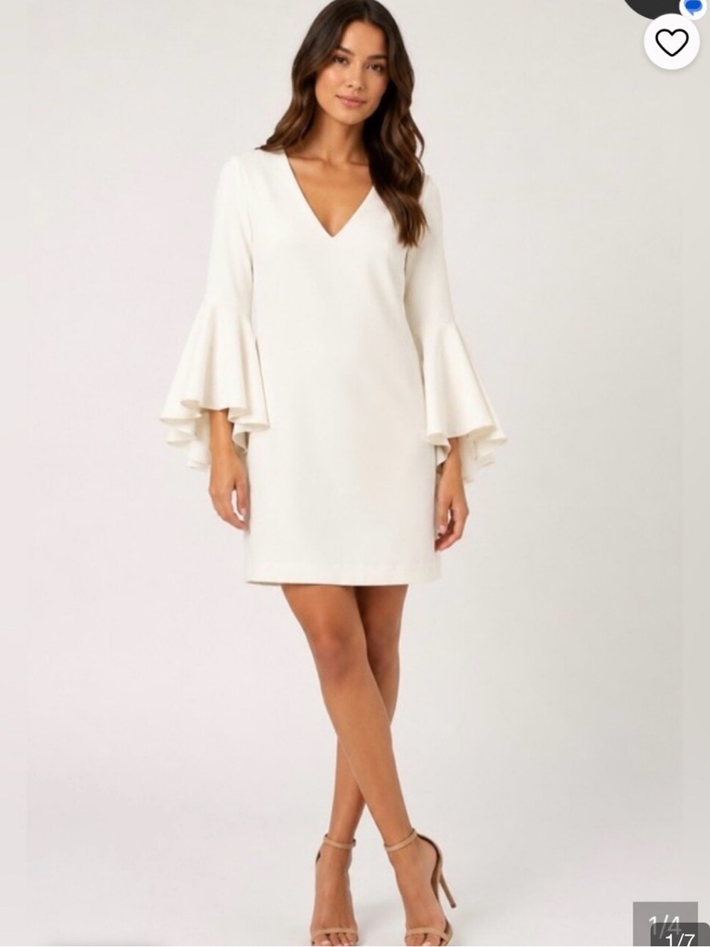 Milly Nicole White V-Neck Mini Dress with Fluted Bell Sleeves